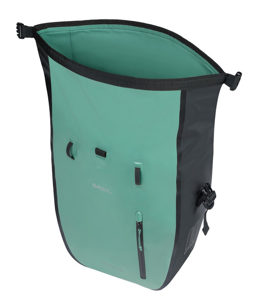 Sakwa na bagażnik pojedyncza Basil Rivo + MIK Hooks (srebrnozielono-czarna 25-31 litrów)