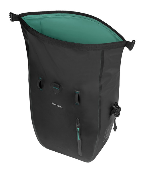 Sakwa na bagażnik pojedyncza Basil Rivo + MIK Hooks (czarna 25-31 litrów)