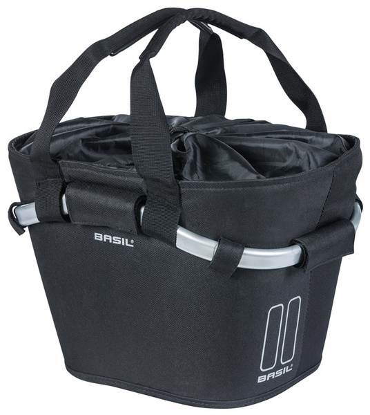 Kosz na kierownicę BASIL CLASSIC CARRY ALL FRONT BASKET KF 15L, czarny + Płytka mocująca do kosza BASIL KLICKFIX ADAPTER system do mocowania na kierownicę odpinany (bez wspornika) (NEW)