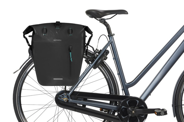 Sakwa na bagażnik pojedyncza Basil Rivo + MIK Hooks (czarna 25-31 litrów)