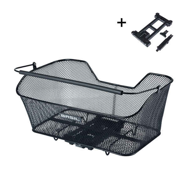 Kosz tylny na bagażnik BASIL BASE XL REAR BASKET, MIK z adapterem do mocowania (ready to go), Stalowy, Black (Eco Bottom) (WYPRZEDAŻ -50%)